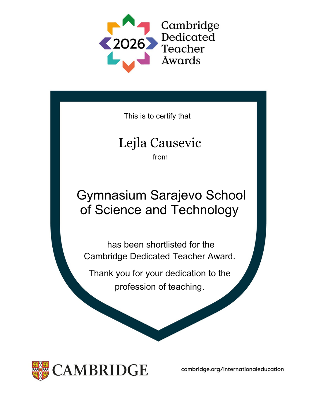 Gimnazija SSST - Lejla Čaušević među finalistima Cambridge Dedicated ...